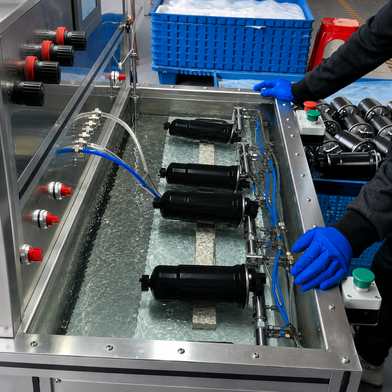 Fuel filter inspection in a water testing tank