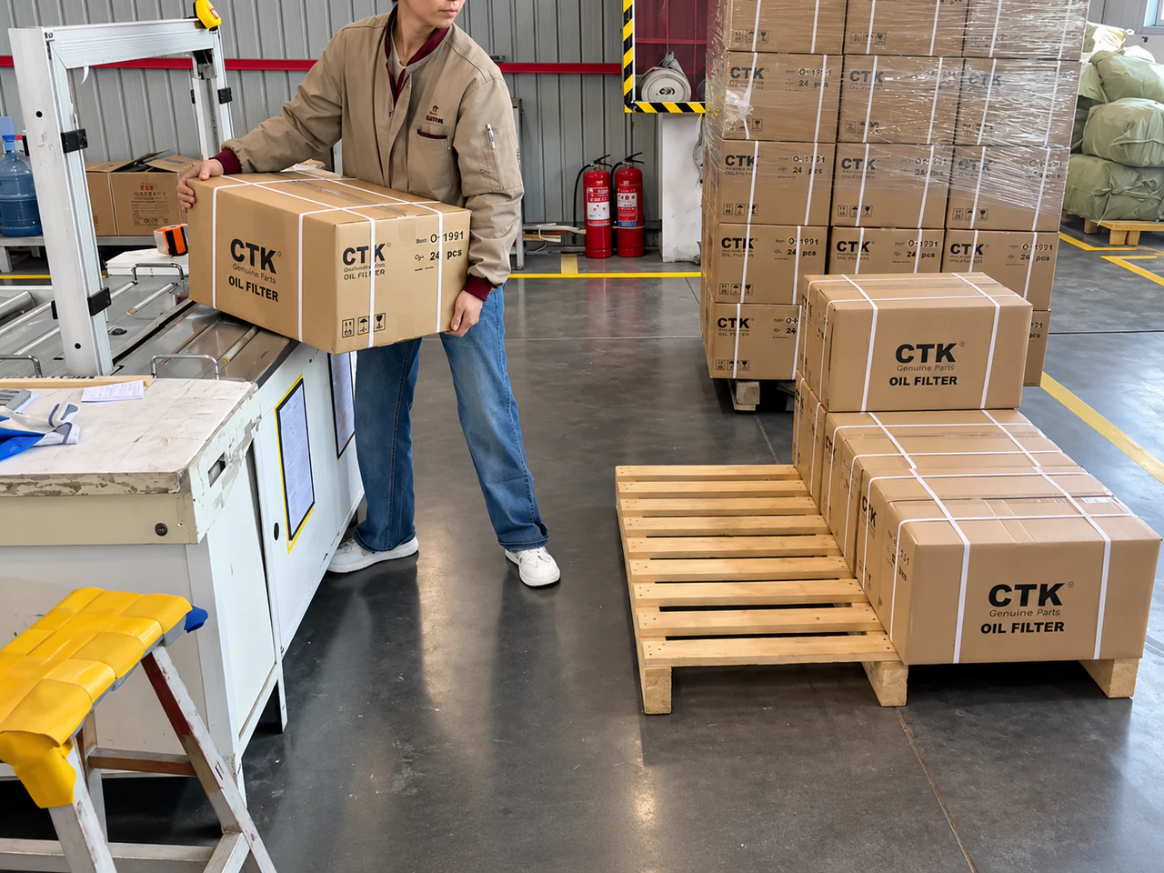 Private-label cartons being handled for pallet or shipment preparation